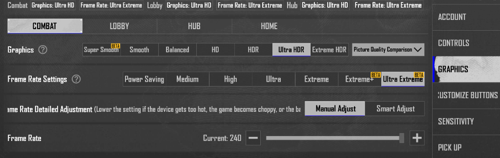 BGMI in-game settings showing 240 FPS slider unlocked