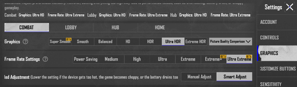 BGMI in-game settings showing Ultra HDR preset active